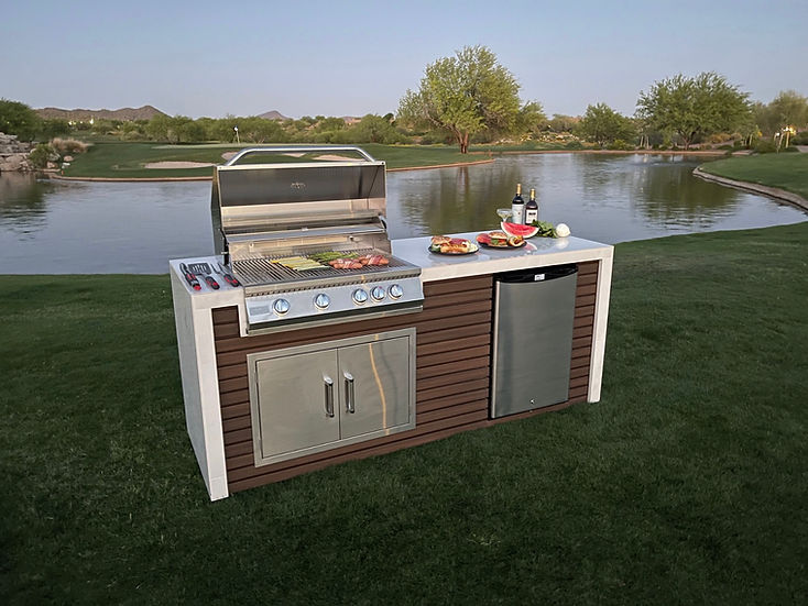 Classic Shiplap Outdoor Kitchen with KoKoMo Grill & Waterfall Edge