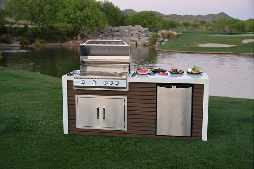 Classic Shiplap Outdoor Kitchen with KoKoMo Grill & Waterfall Edge