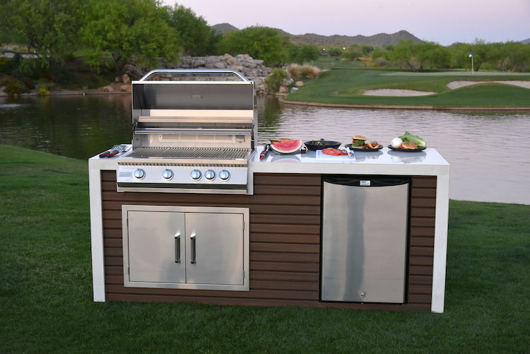 Classic Shiplap Outdoor Kitchen with KoKoMo Grill & Waterfall Edge