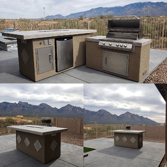 Baja/Fire L-Shaped BBQ Island with Fire Pit, 4-Burner Grill, and Outdoor Fridge