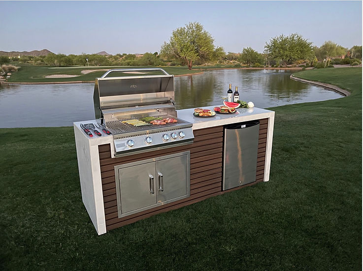 Classic Shiplap Outdoor Kitchen with KoKoMo Grill & Waterfall Edge