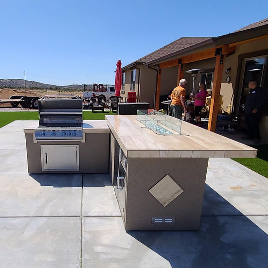 Baja/Fire L-Shaped BBQ Island with Fire Pit, 4-Burner Grill, and Outdoor Fridge