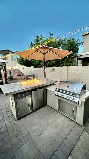 Baja/Fire L-Shaped BBQ Island with Fire Pit, 4-Burner Grill, and Outdoor Fridge