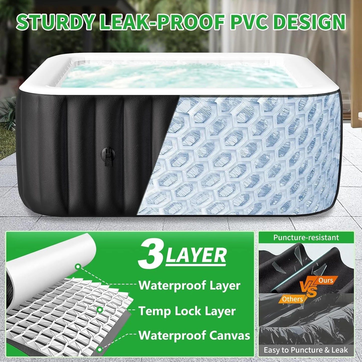 4-6 Person Inflatable Hot Tub, Square Blow up Portable Hot Tub, Leak-Proof PVC Outdoor Spa with 130 Strong Air Jets, Heater Pump and Insulated Cover, 73” X 73”X 25”