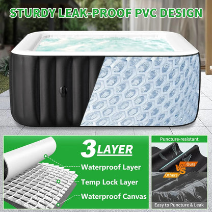 4-6 Person Inflatable Hot Tub, Square Blow up Portable Hot Tub, Leak-Proof PVC Outdoor Spa with 130 Strong Air Jets, Heater Pump and Insulated Cover, 73” X 73”X 25”