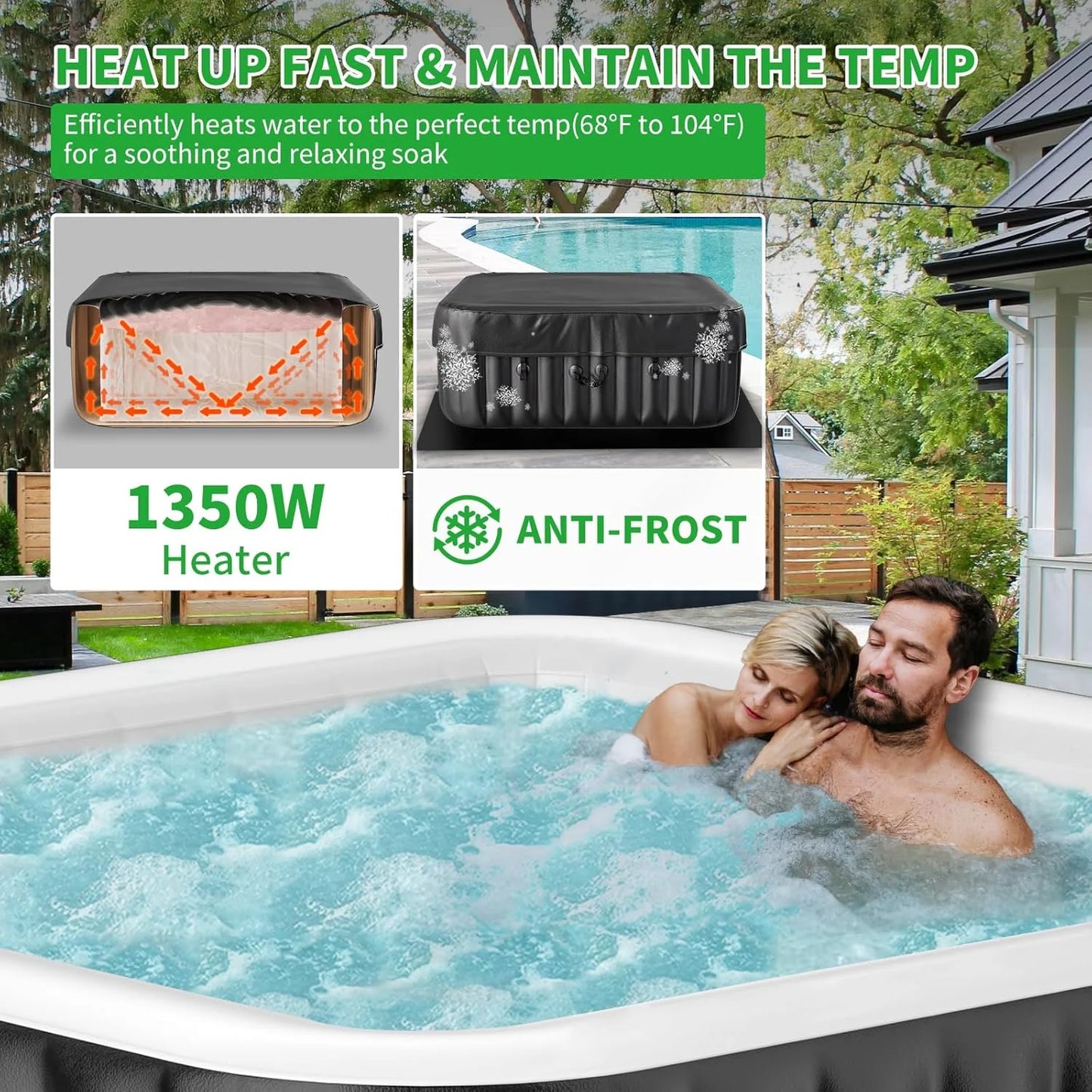 4-6 Person Inflatable Hot Tub, Square Blow up Portable Hot Tub, Leak-Proof PVC Outdoor Spa with 130 Strong Air Jets, Heater Pump and Insulated Cover, 73” X 73”X 25”