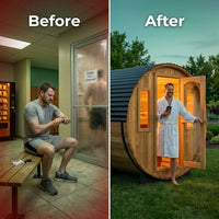 Backyard Discovery Paxton 4-6 Person Traditional Cedar Outdoor Barrel Sauna with Electric Sauna Heater, Front Porch, Sauna Rocks, Dry Heat, Steam Sauna, LED Lights, Wi-Fi Panel, Sauna Accessories — Before & After