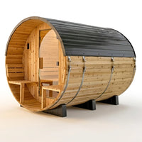 Backyard Discovery Paxton 4-6 Person Traditional Cedar Outdoor Barrel Sauna with Electric Sauna Heater, Front Porch, Sauna Rocks, Dry Heat, Steam Sauna, LED Lights, Wi-Fi Panel, Sauna Accessories — Studio Shot