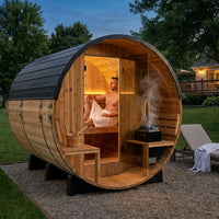 Backyard Discovery Paxton 4-6 Person Traditional Cedar Outdoor Barrel Sauna with Electric Sauna Heater, Front Porch, Sauna Rocks, Dry Heat, Steam Sauna, LED Lights, Wi-Fi Panel, Sauna Accessories — Lifestyle