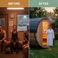 Traditional Cedar Barrel Sauna Built for Year-Round Use, 4-6 Person, 9kW Electric Heater, WiFi Control — Before & After