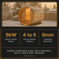 Traditional Cedar Barrel Sauna Built for Year-Round Use, 4-6 Person, 9kW Electric Heater, WiFi Control — Results & Stats
