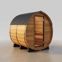 Traditional Cedar Barrel Sauna Built for Year-Round Use, 4-6 Person, 9kW Electric Heater, WiFi Control — Studio Shot