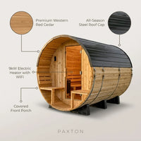 Traditional Cedar Barrel Sauna Built for Year-Round Use, 4-6 Person, 9kW Electric Heater, WiFi Control — infographic