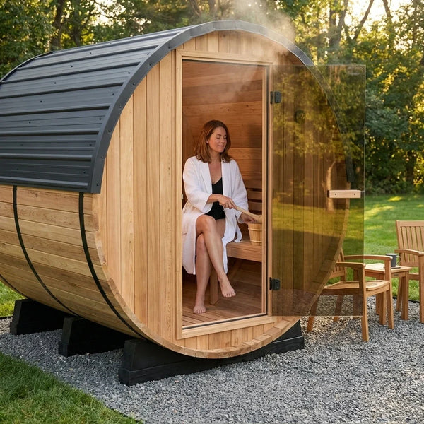 Traditional Cedar Barrel Sauna Built for Year-Round Use, 4-6 Person, 9kW Electric Heater, WiFi Control